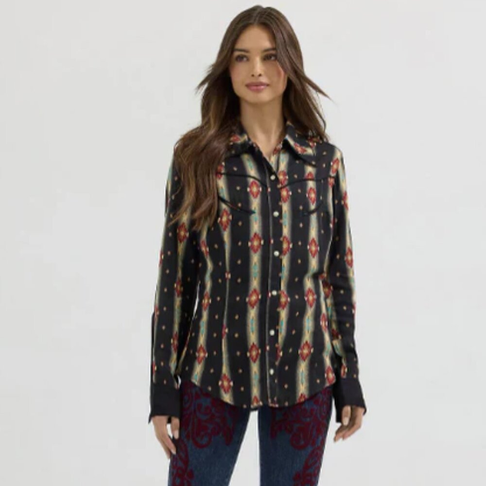 Wrangler x Lainey Wilson Black Checotah Pearl Snap Shirt | Size Large | EUC - Picture 3 of 10